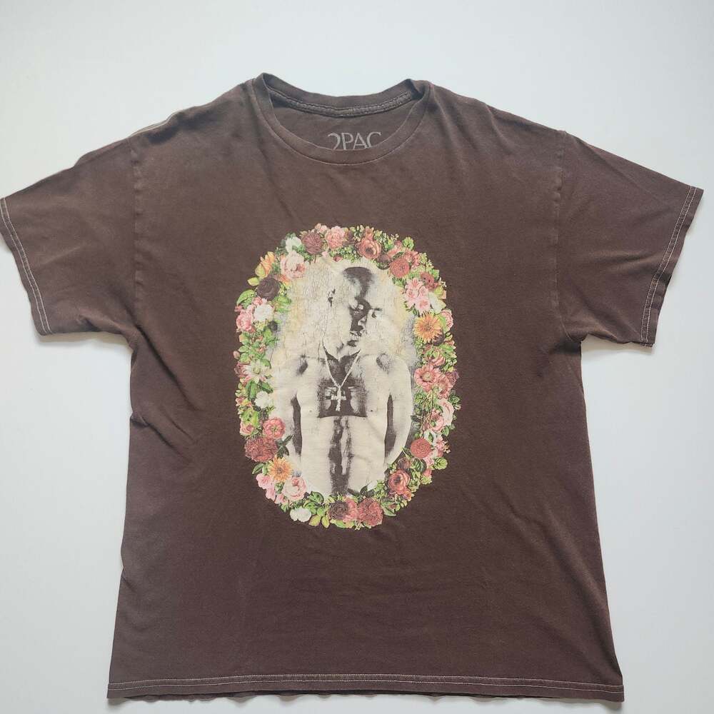 2Pac Tupac Shakur Brown Floral Wreath Graphic T-Shirt Medium